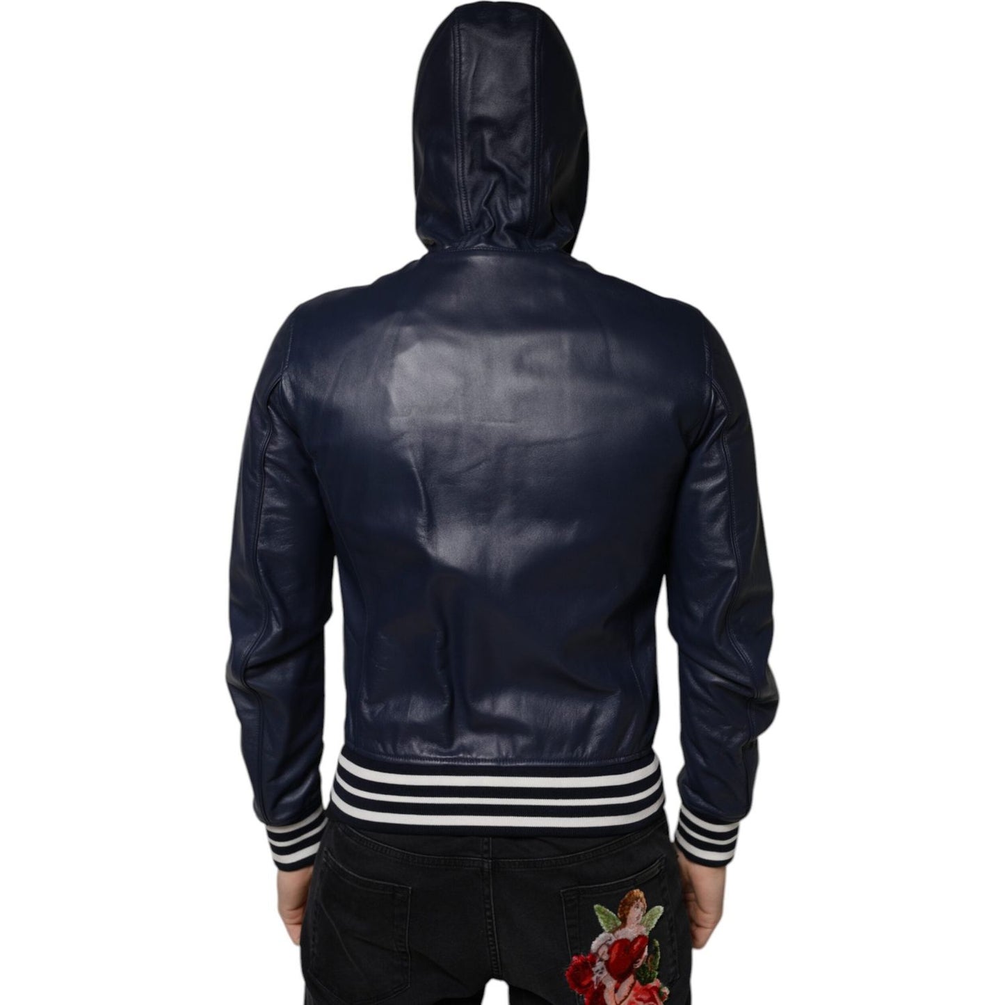 Dolce & Gabbana Dolce & Gabbana Blue Leather Full Zip Hooded Bomber Jacket JKT3902-46 1728,67345645728,Blue,Dolce & Gabbana,IT46 | S,Jackets - Men - Clothing,Material: 100% Lamb Leather,Men,Preowned / Defect