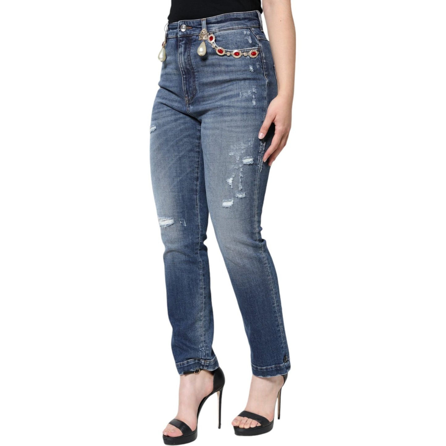 Dolce & Gabbana Dark Blue Cotton Tattered Skinny Denim Jeans PAN74596-44