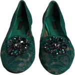 Dolce & Gabbana Green Lace Crystal Ballet Flats Loafers Shoes Dolce & Gabbana Dark Slate Gray
