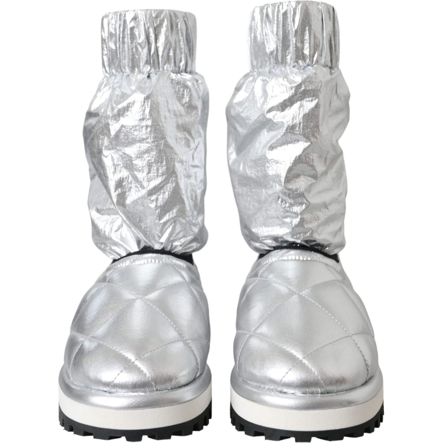 Dolce & Gabbana Metallic Silver Quilted Logo Patch Boot Shoes LA11147-39
