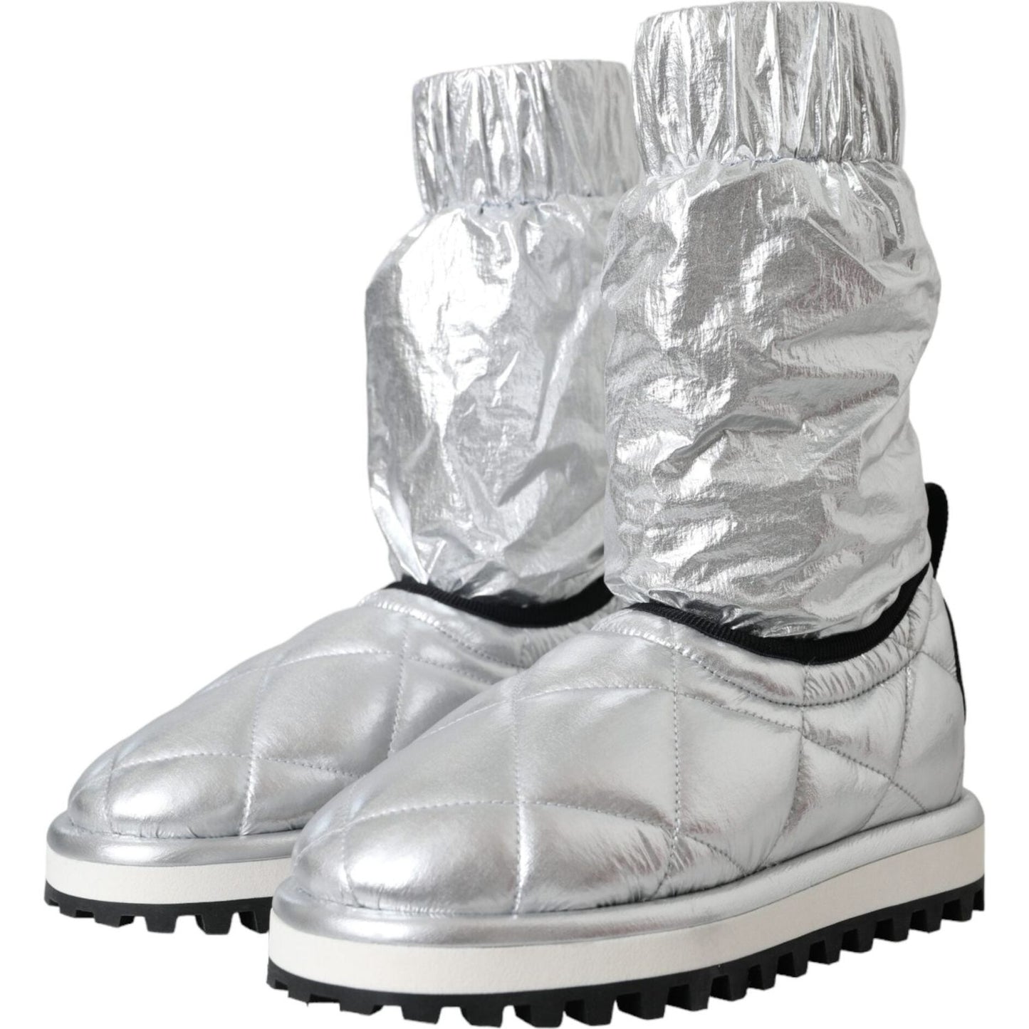 Dolce & Gabbana Metallic Silver Quilted Logo Patch Boot Shoes LA11147-39