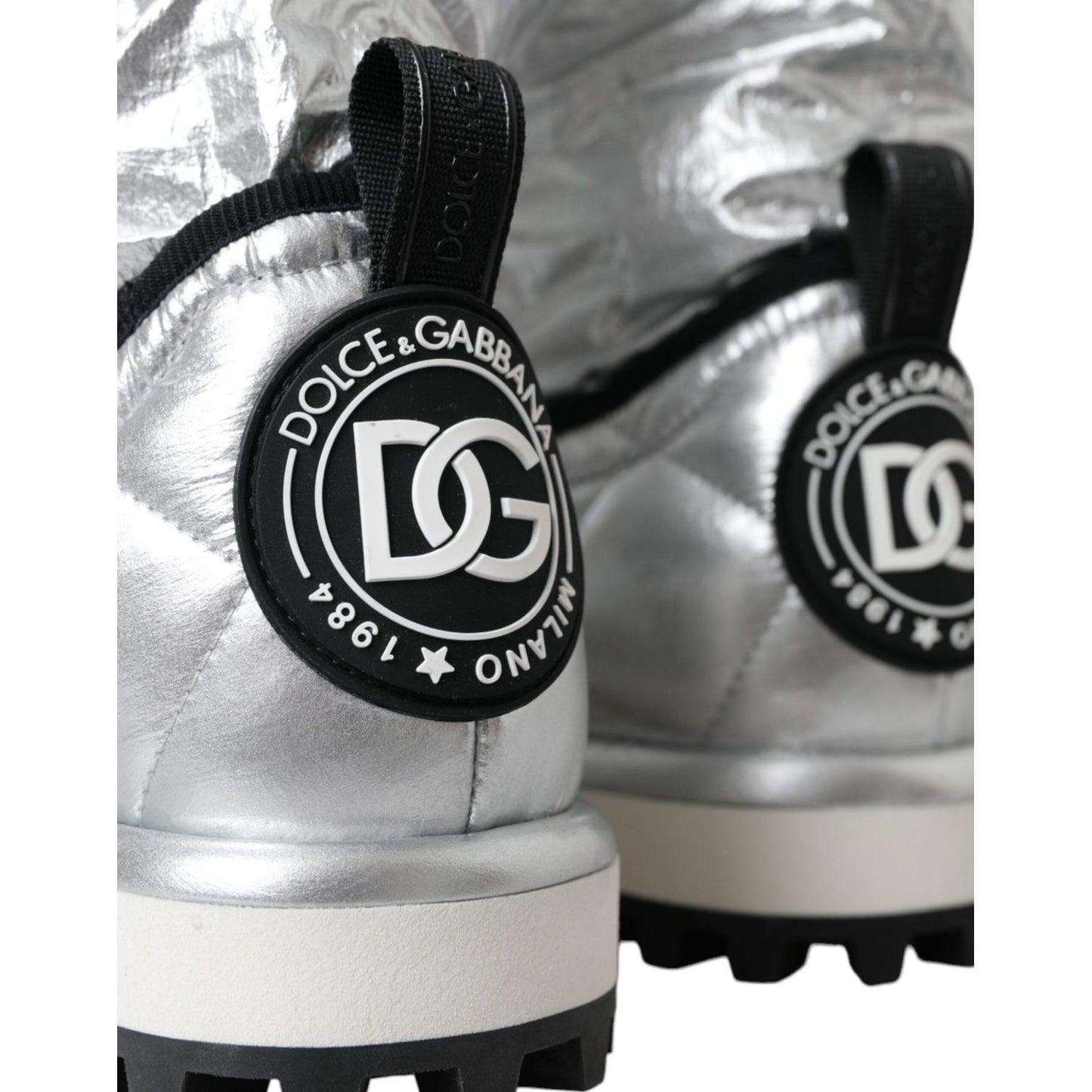 Dolce & Gabbana Metallic Silver Quilted Logo Patch Boot Shoes LA11147-39