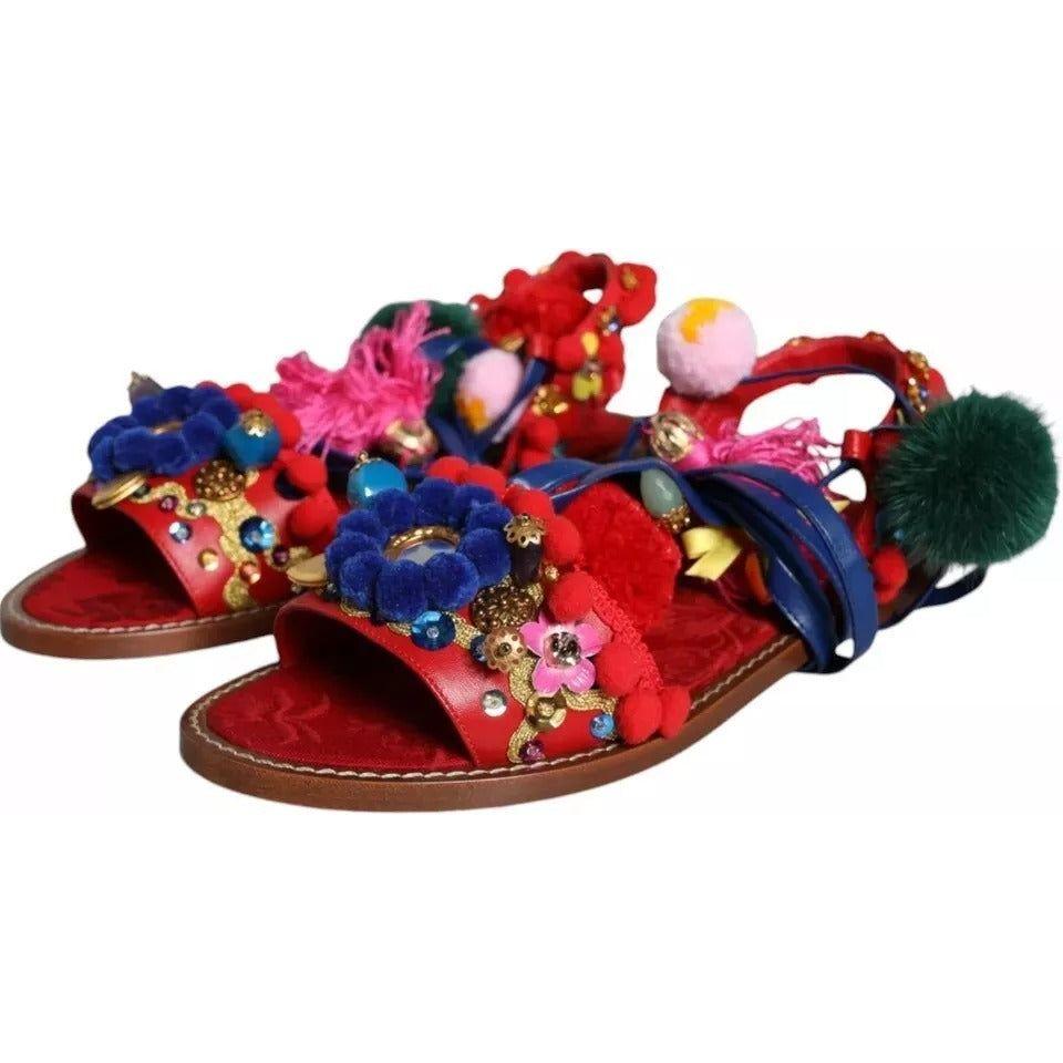 Dolce & Gabbana Multicolor Pom Pom Fur Wrap Sandals Shoes LA11841-39