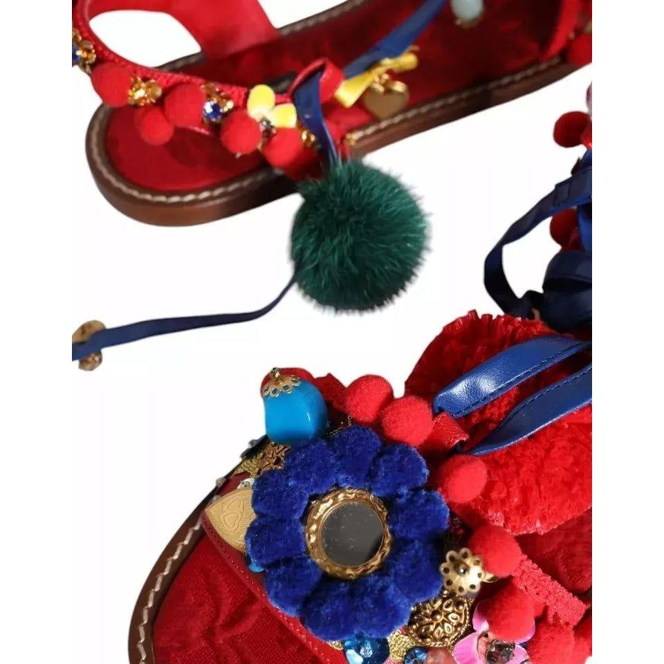 Dolce & Gabbana Multicolor Pom Pom Fur Wrap Sandals Shoes LA11841-39