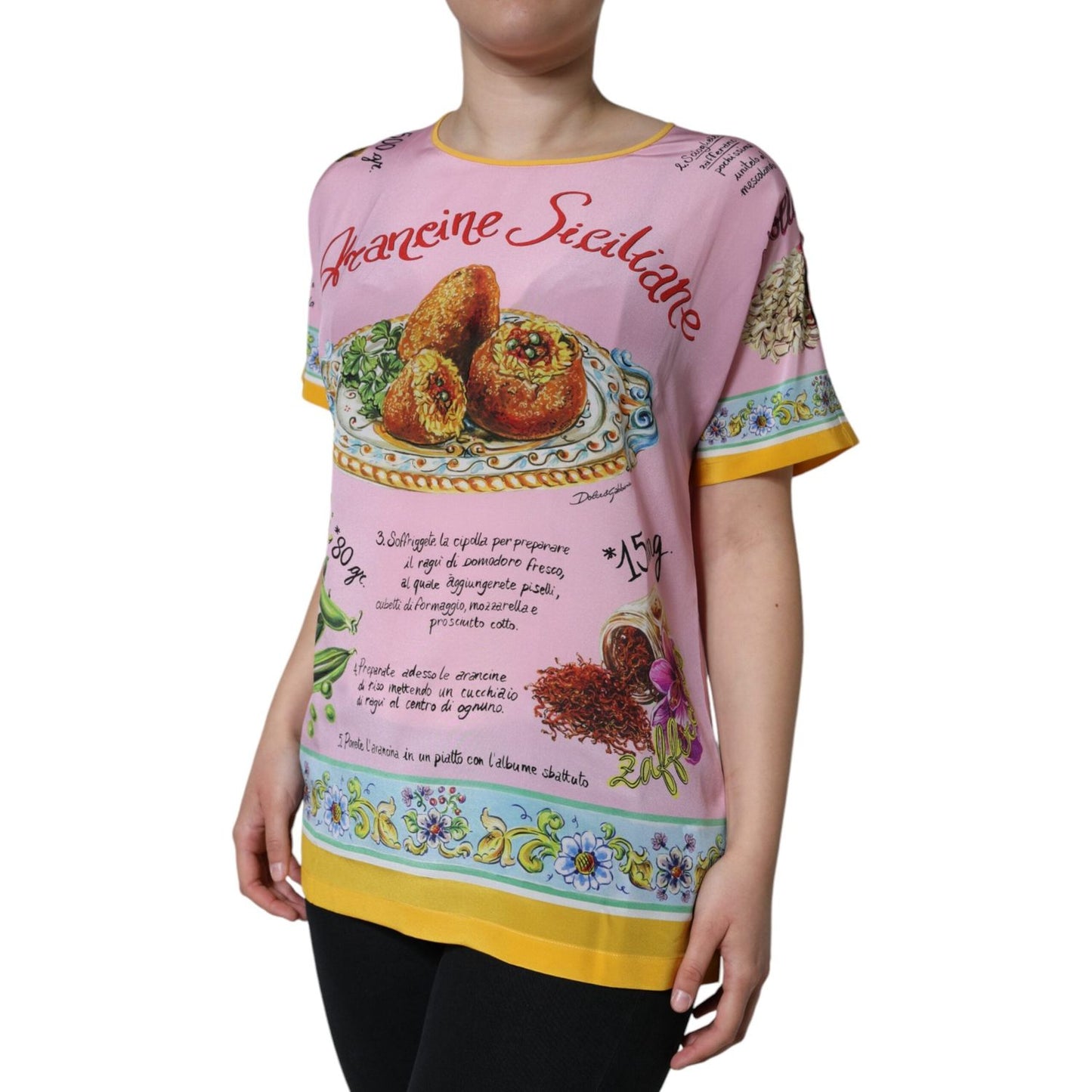 Dolce & Gabbana Pink Silk Araneine Siciliana Print Short Sleeves Top TSH86559-40