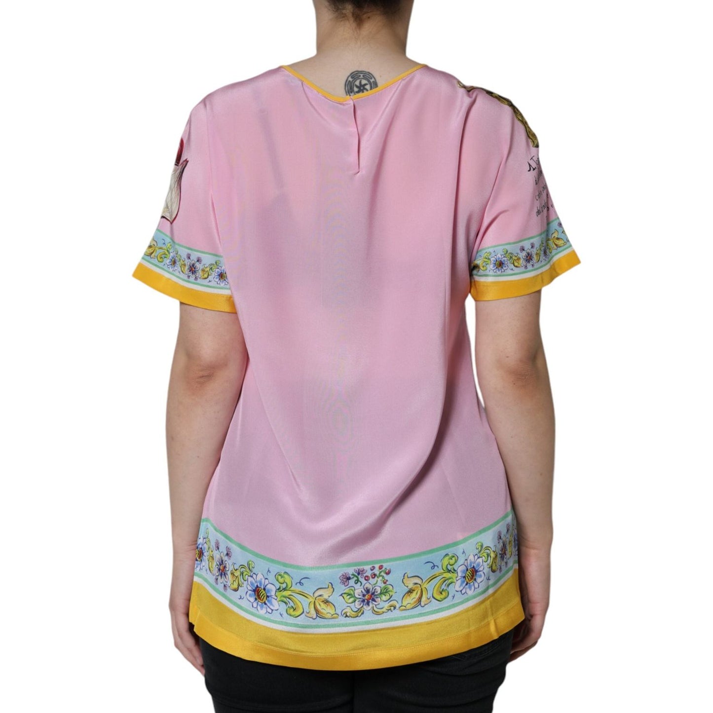 Dolce & Gabbana Pink Silk Araneine Siciliana Print Short Sleeves Top TSH86559-40