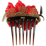 Dolce & Gabbana Red Silk Floral Gold Brass Women Hair Comb FASHION ACCESSORIES Dolce & Gabbana Saddle Brown