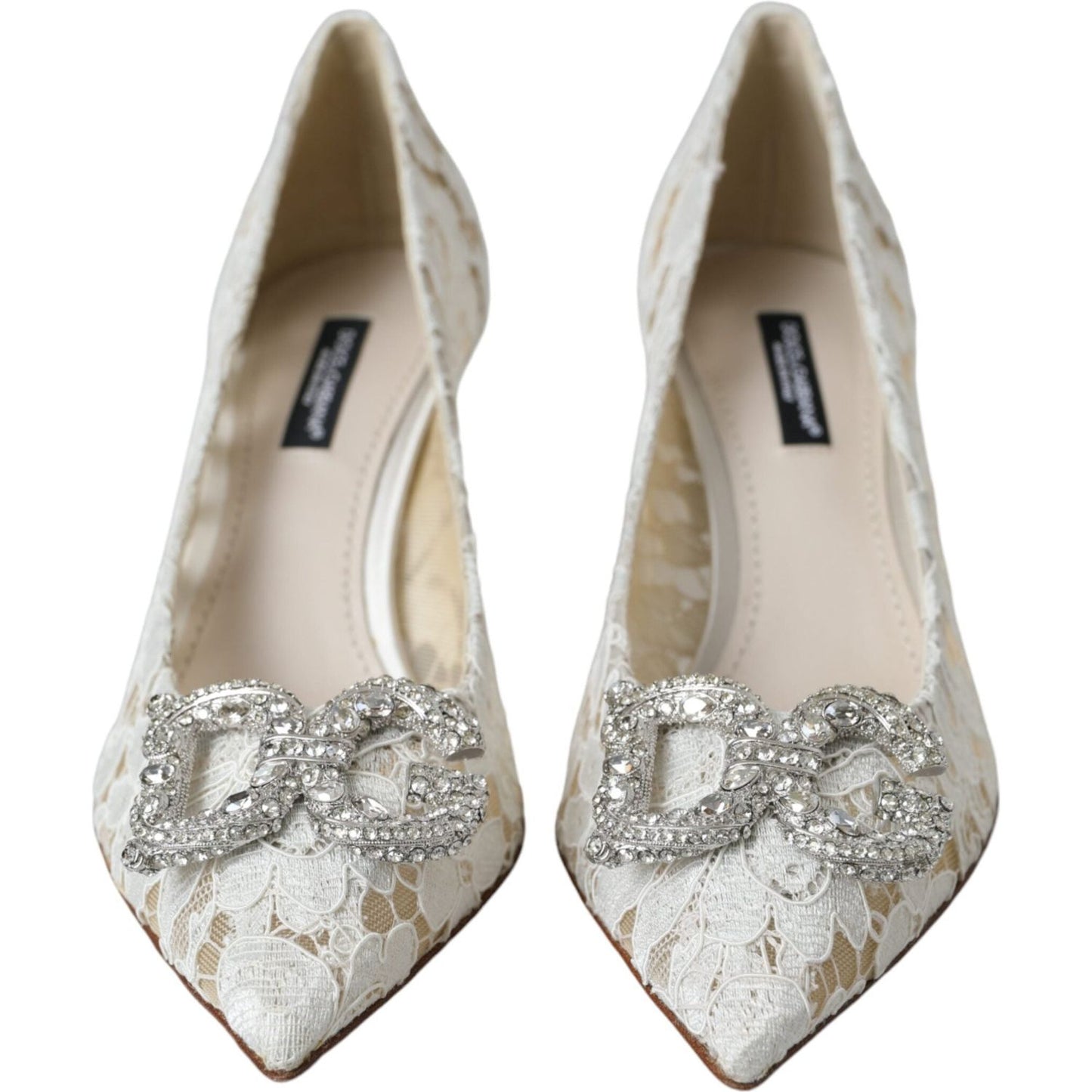 Dolce & Gabbana White Floral Lace DG Crystal Pumps Shoes LA11019-36