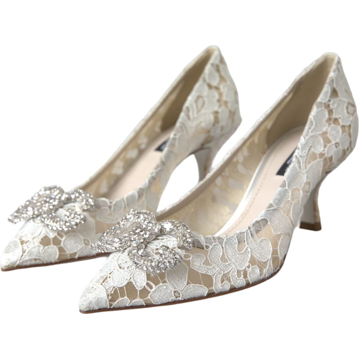 Dolce & Gabbana White Floral Lace DG Crystal Pumps Shoes LA11019-36