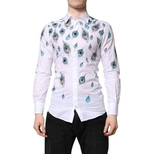 Dolce & Gabbana White Cotton Feather Print GOLD Dress Shirt