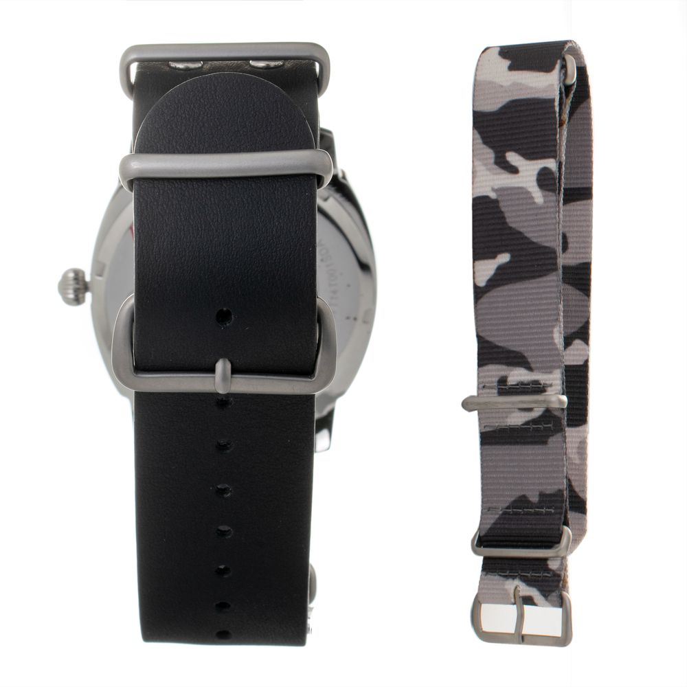 Back view of Folli Follie Black Leather Dress Watch with extra camo strap.