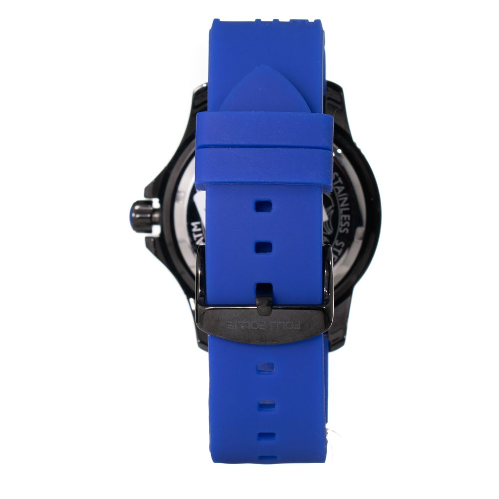 Rear view of Folli Follie Blue Synthetic Sport Watch with blue silicone bracelet and black plastic case