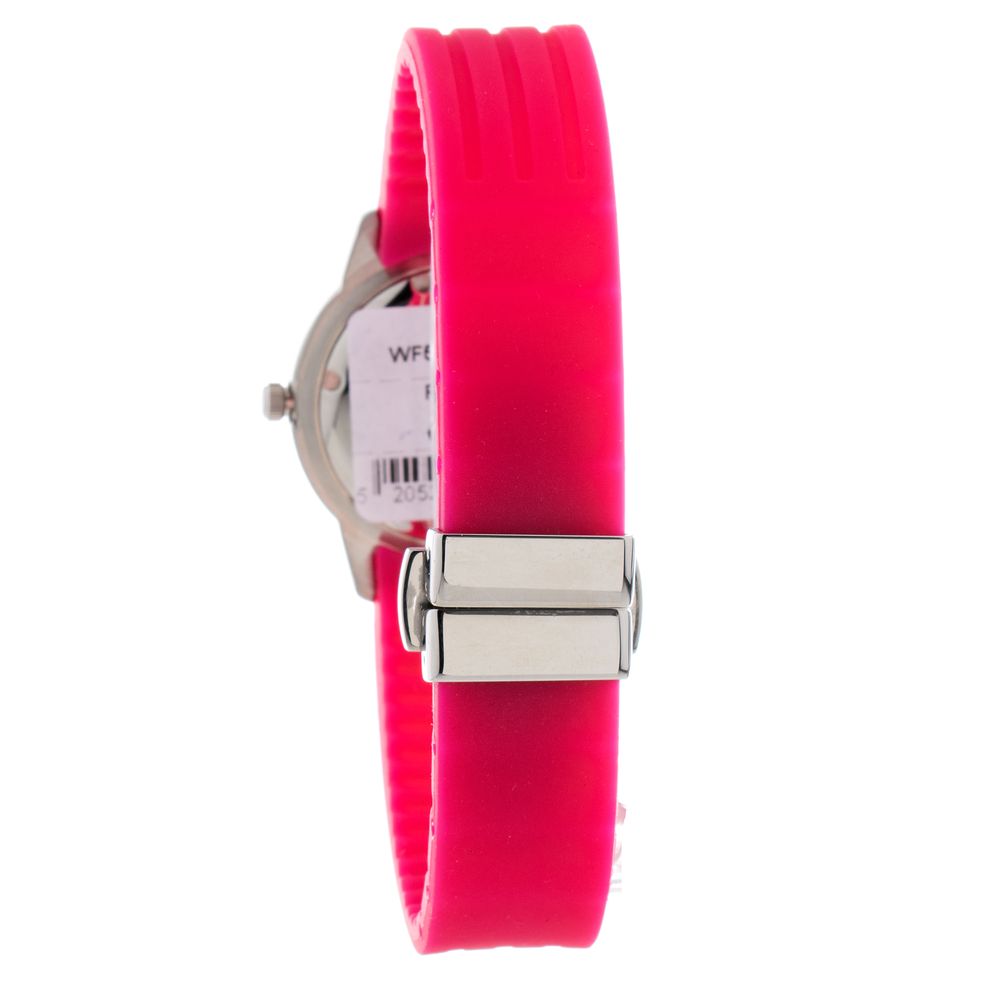 Side view of Folli Follie Multicolor Plastic Dress Watch with pink plastic bracelet and stainless steel closure