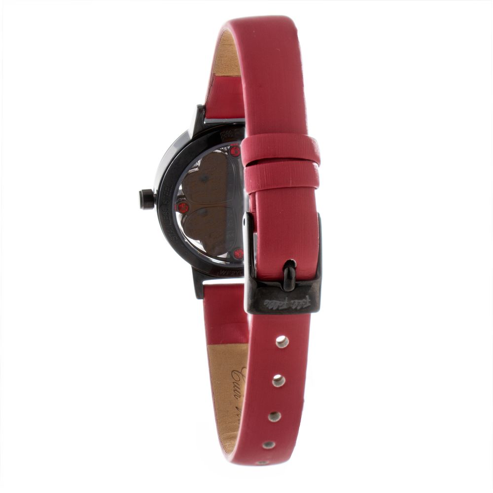 Side view of Folli Follie Red Leather Dress Watch with red leather strap and black stainless steel case.