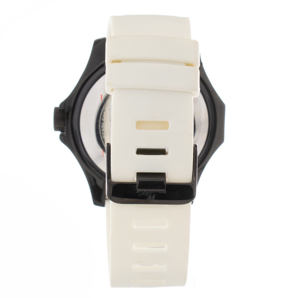 Back view of Folli Follie White Synthetic Sport Watch with silicone white bracelet and black stainless steel case.