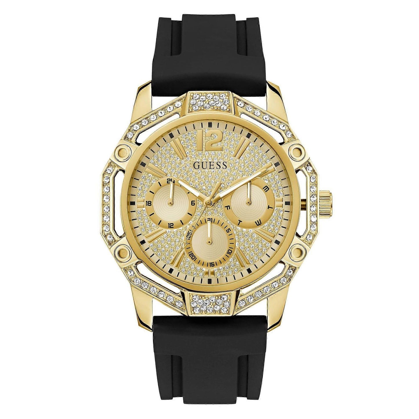 Gold watch with black strap, GUESS Mod. REGAL design, featuring crystal accents, ideal for stylish timekeeping.