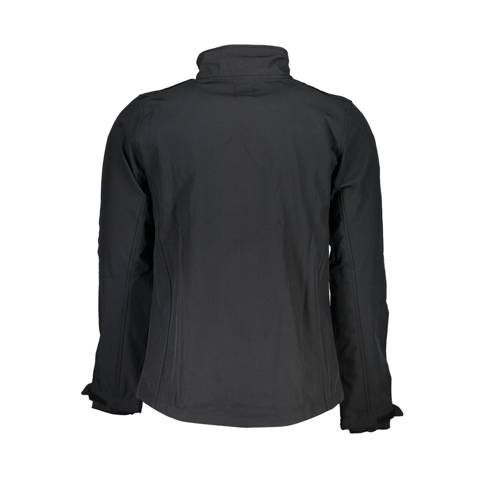 Gianmarco Venturi Black Polyester Jackets & Coat with long sleeves, soft shell, zip, contrast details, and logo on the back view.