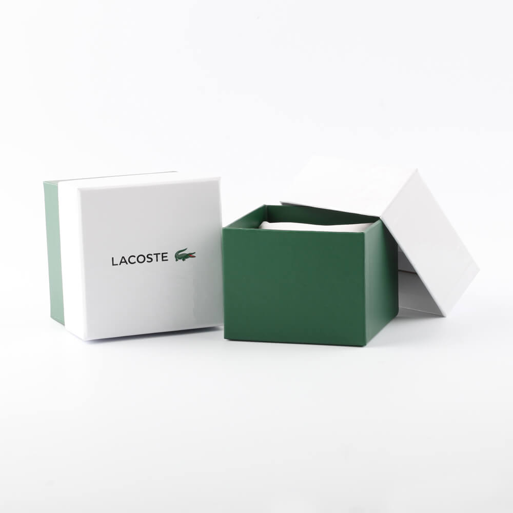 Official packaging box for LACOSTE Mod. 2011263 watch, showcasing elegant green and white design, perfect for gifting.