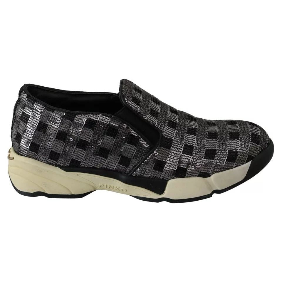 PINKO Silver Black Slip-on Sequence Design Sneakers Shoes