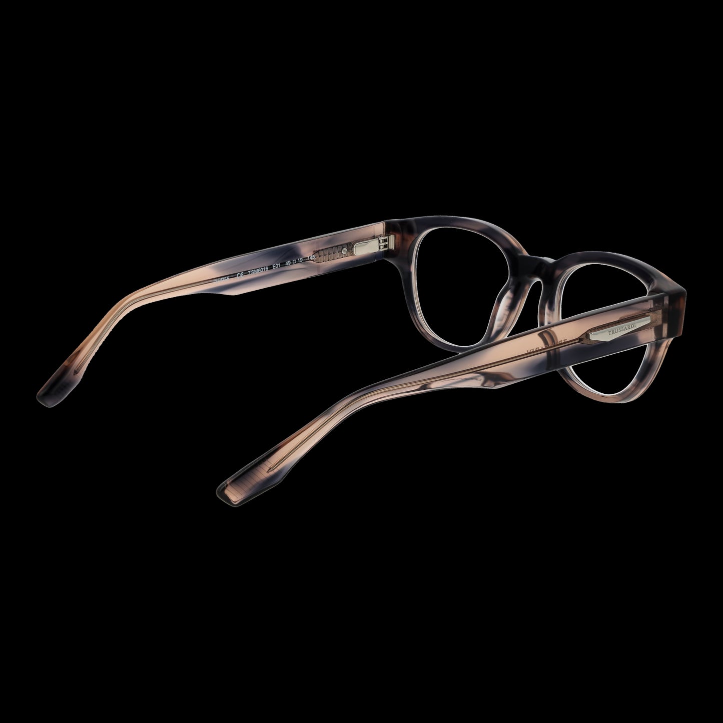 Alt Tag: Stylish gent's eyewear TRUSSARDI MOD. TSM6016 49E01 elegant design with brown frame, viewed from side angle on black background.