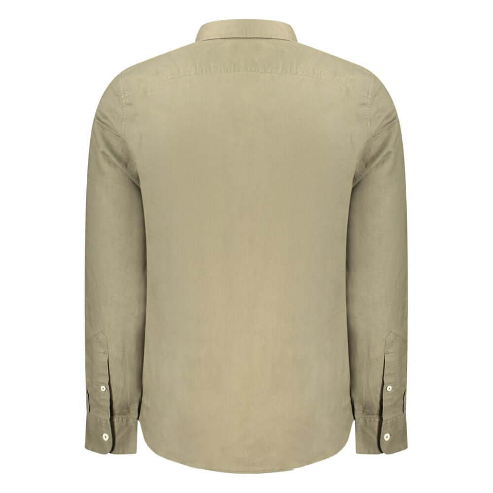 Back view of Timberland Green Cotton Shirt, long-sleeved, slim fit, button-down collar, with embroidery and logo detailing.