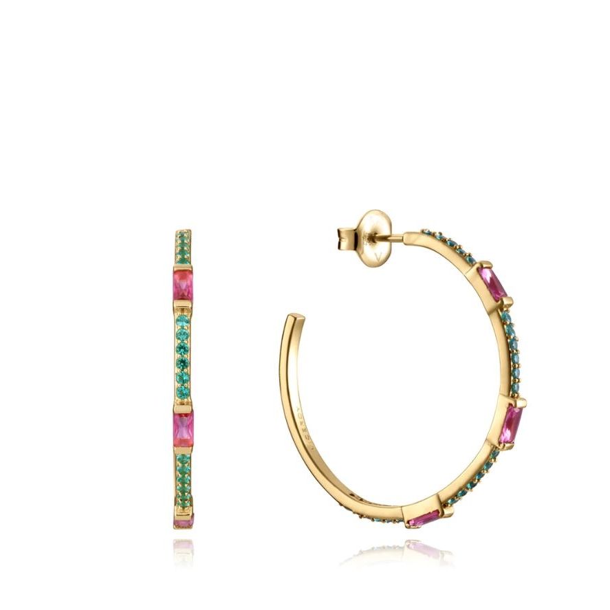Gold hoop earrings with pink and teal gemstones, elegant design suitable for ladies' fashion.