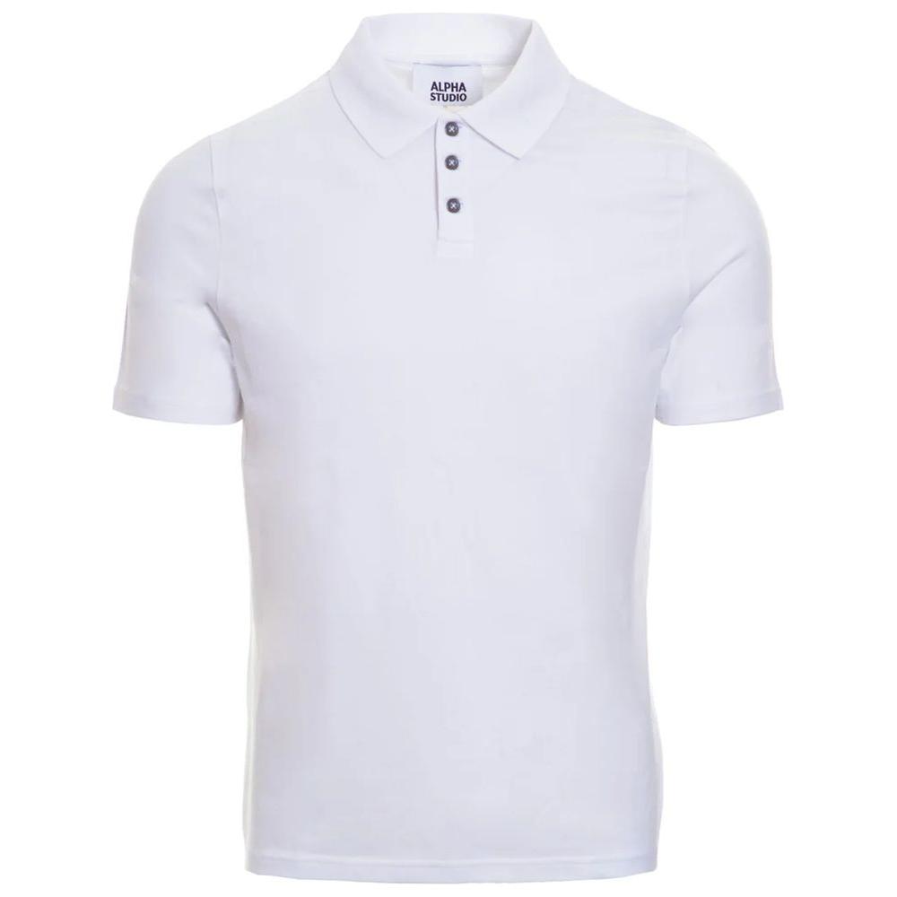 Alpha Studio white cotton polo shirt with short sleeves and three-button collar, perfect for casual or formal occasions.