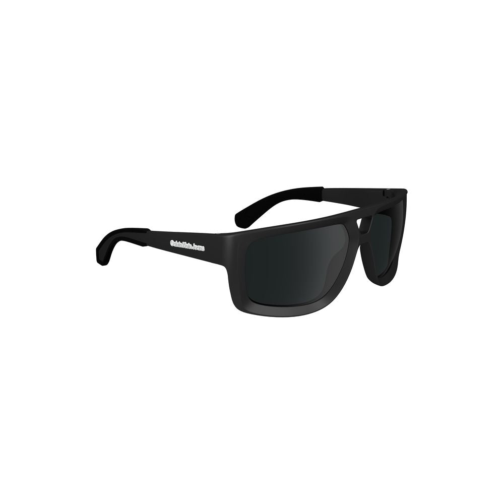 Calvin Klein black plastic sunglasses with square lenses, contrast details, logo on temple, 60mm lens width, 14mm bridge, 130mm temples.