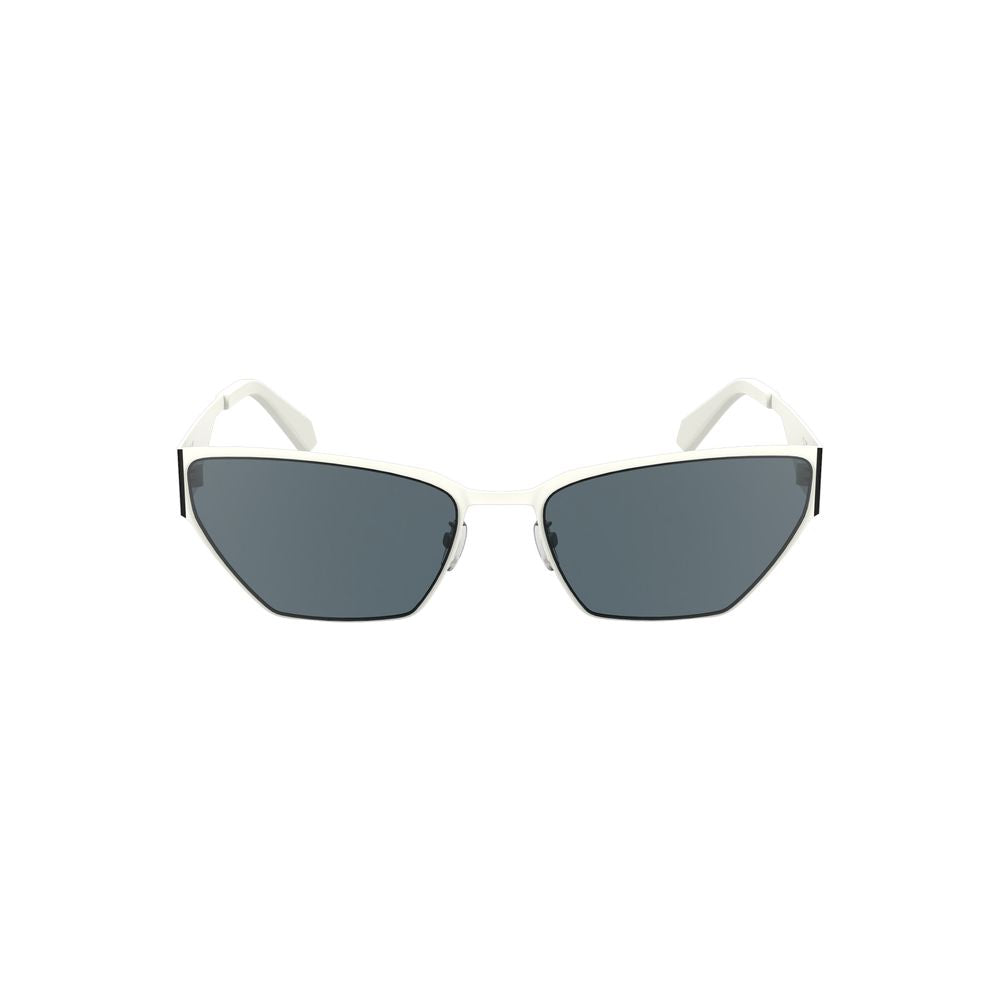 Calvin Klein white metal cat-eye women sunglasses with smoke lenses, 58mm lens width, 18mm bridge, 140mm temples for chic elegance.