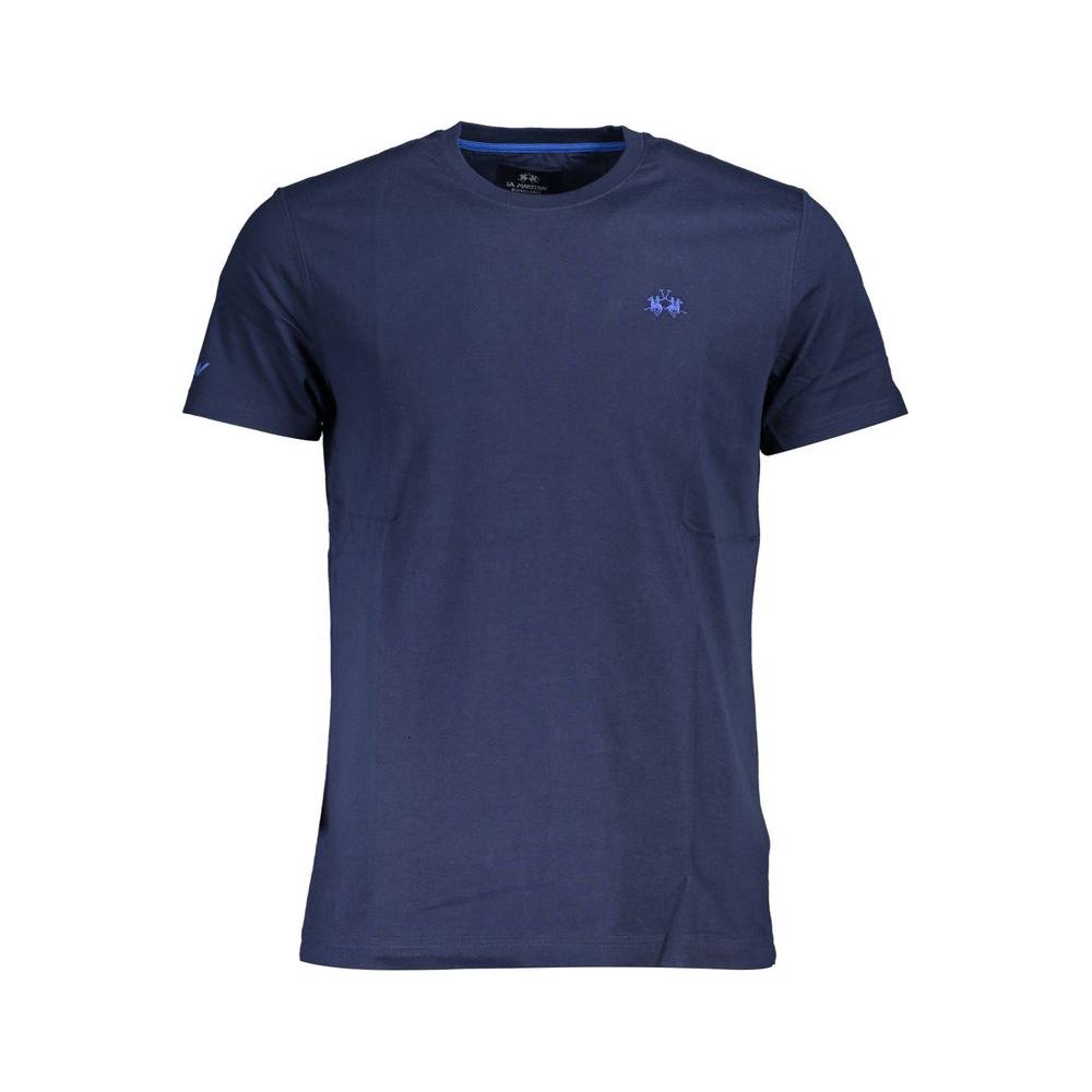 La Martina blue cotton men's T-shirt, short sleeves, features intricate embroidery and logo, regular fit for modern style.
