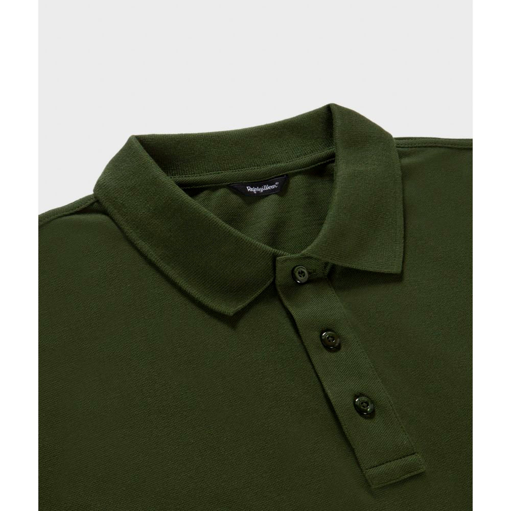 Refrigiwear green cotton polo shirt with elastic sleeve and button-down collar, featuring a solid pique texture.