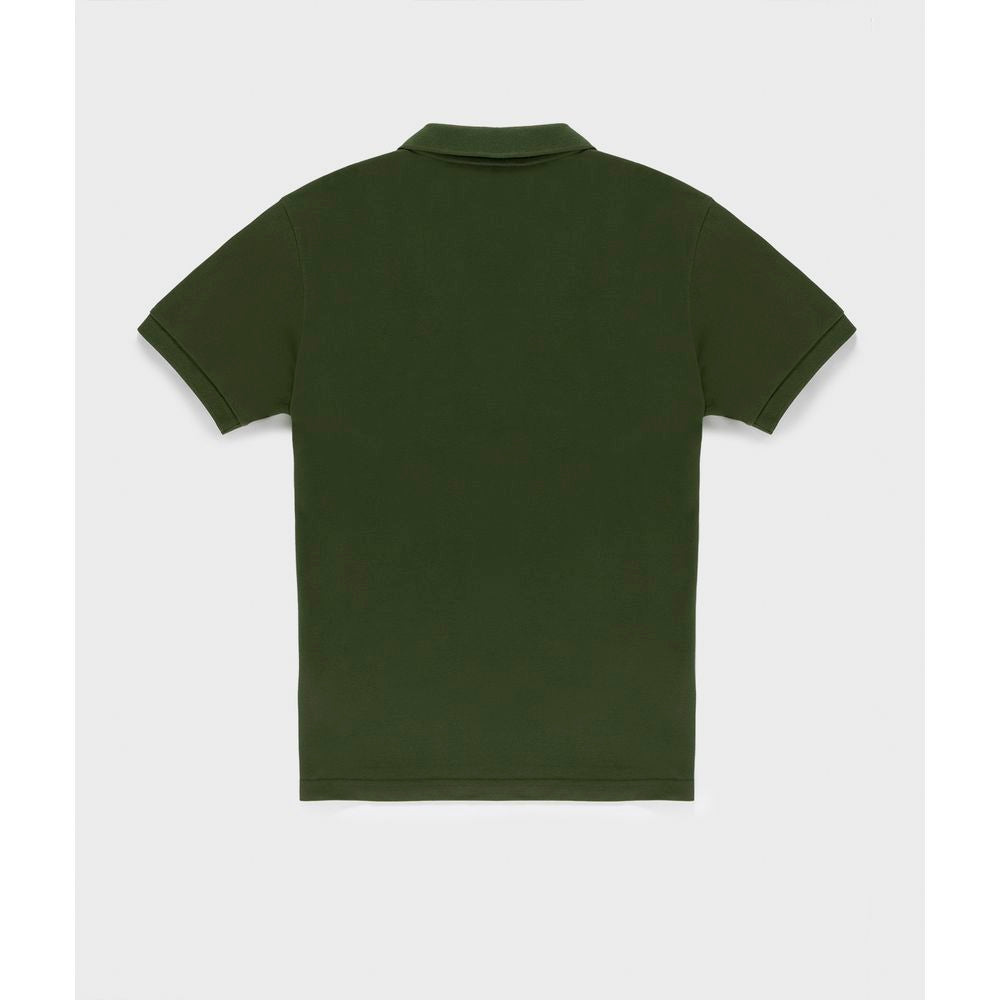 Back view of Refrigiwear green cotton polo shirt with elastic sleeves and button-down collar, showcasing solid-colored pique fabric.
