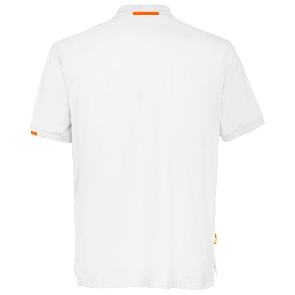 Back view of Suns white cotton polo shirt, showcasing short sleeves and minimalistic design.