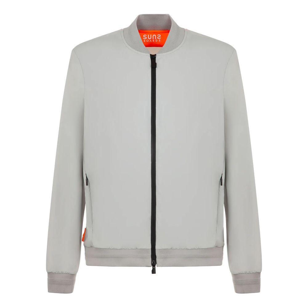 Ice-gray nylon men's jacket with zipper and four pockets from Suns, featuring elasticated cuffs and waist for styling and comfort.