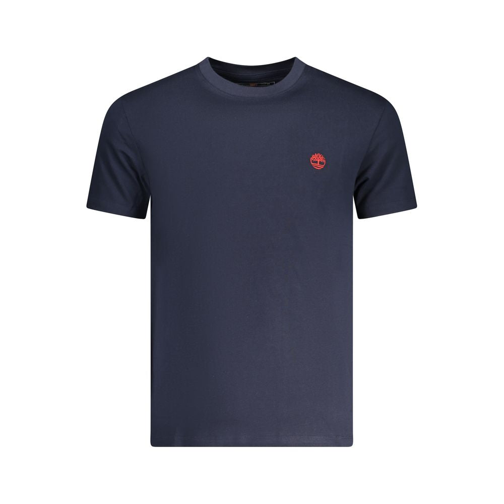 Timberland blue cotton men's T-shirt with logo embroidery, slim-fit, crew neck, short-sleeve for casual style and comfort.