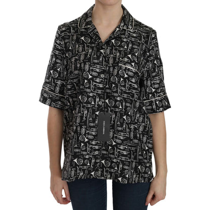 Dolce & Gabbana Black Musical Instrument Print Silk Top