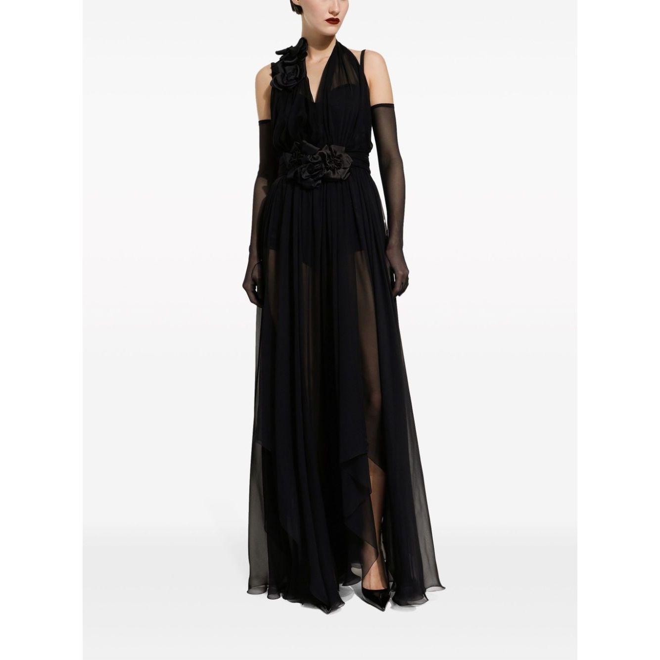 Dolce & Gabbana Long silk chiffon dress with floral appliqué