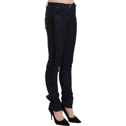 Just Cavalli Blue Low Waist Skinny Trousers Braided String Pants PAN70321-26
