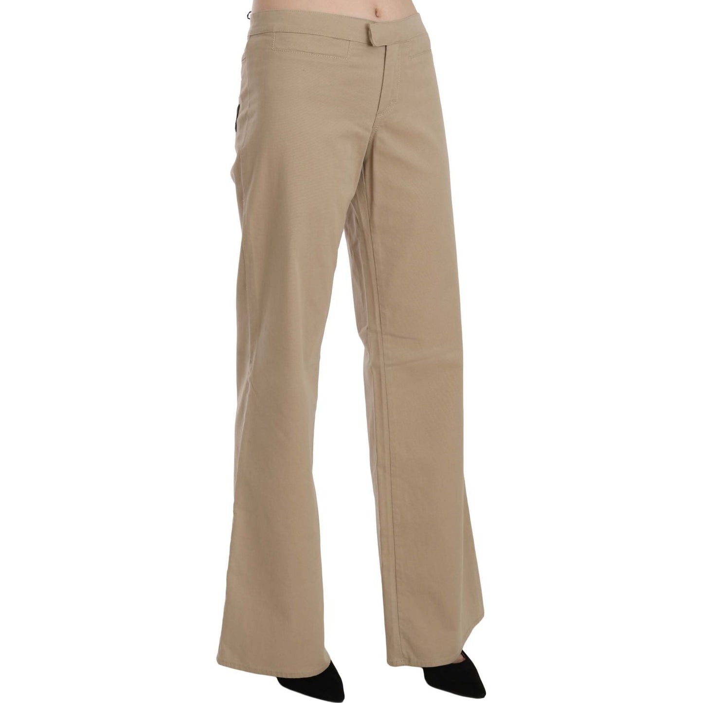 Just Cavalli Beige Cotton Mid Waist Flared Trousers Pants
