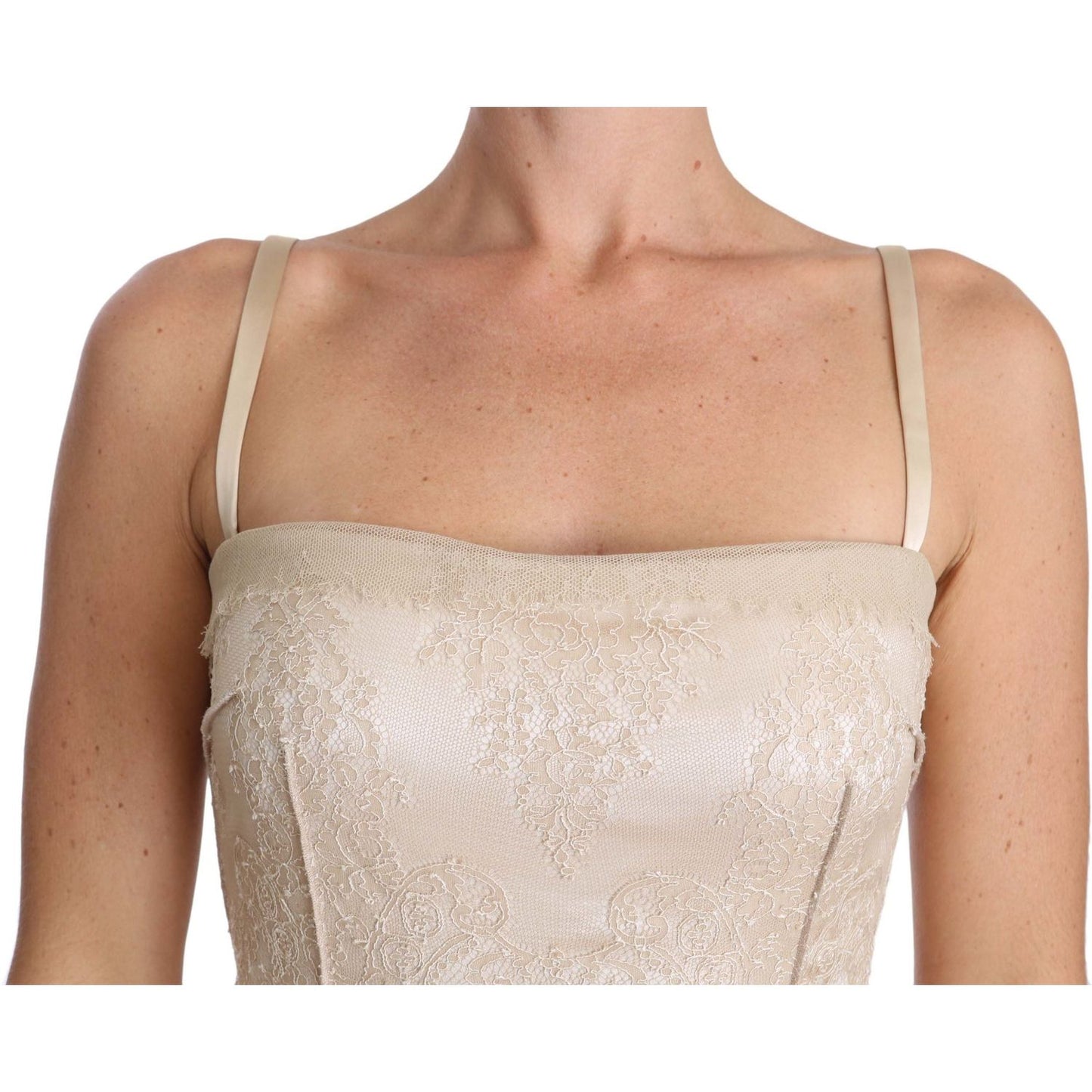 Dolce & Gabbana Beige Lace Spaghetti Strap Sheath Dress DR2019-42