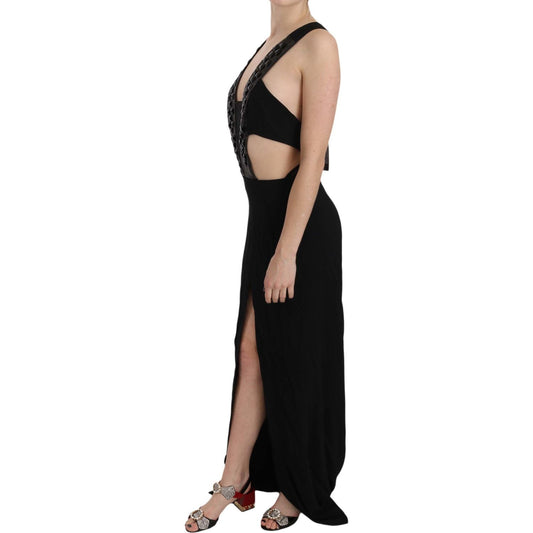 John Richmond Black Crystal Leather Gown Flare Dress DR1678-40