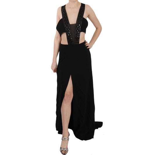 John Richmond Black Crystal Leather Gown Flare Dress DR1678-40