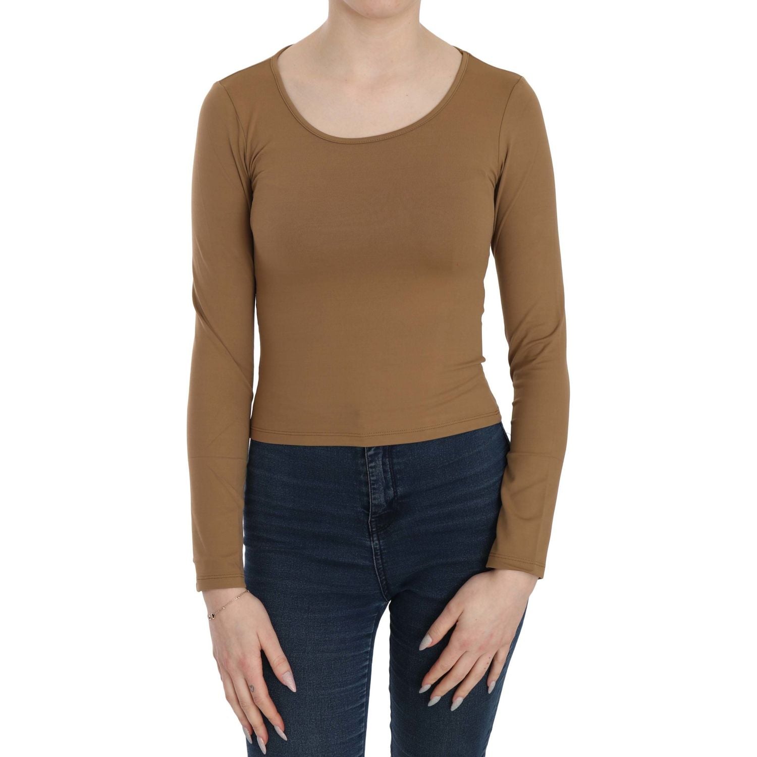 GF Ferre Brown Long Round Neck Sleeve Fitted Shirt Tops Blouse