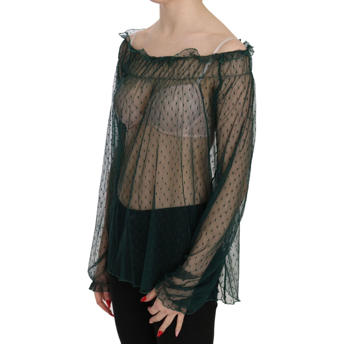 PINK MEMORIES Green Mesh See Through Long Sleeve Top Blouse