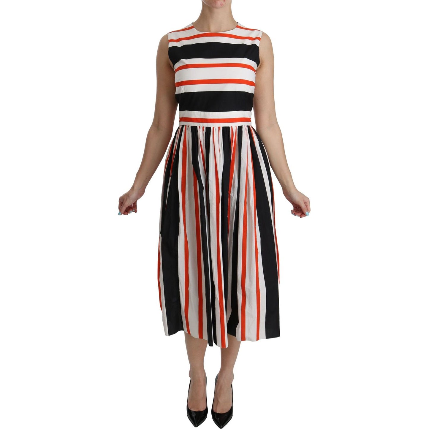 Dolce & Gabbana Multicolor Stripes A-Line Pleated Midi Dress