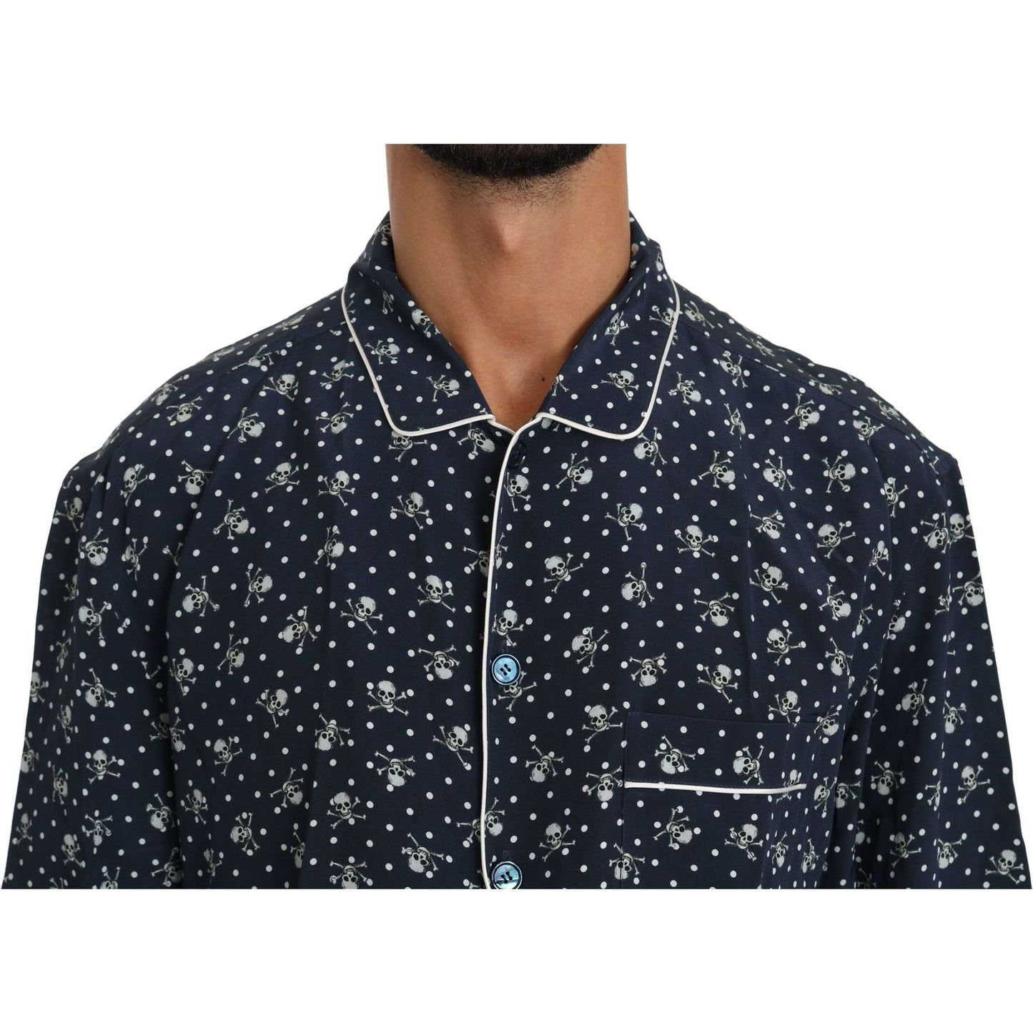 Dolce & Gabbana Blue Skull Print Silk Top Sleepwear Shirt