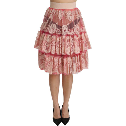 Dolce & Gabbana Pink Lace Layered High Waist Knee Length Skirt