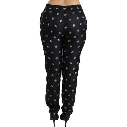 Dolce & Gabbana Black Printed Mid Waist Skinny Silk Pants