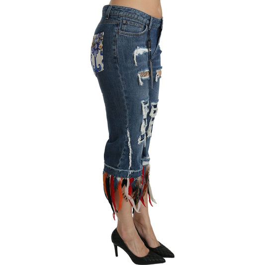 Dolce & Gabbana Blue Feathers Low Waist Cropped Cotton Jeans PAN70867-36