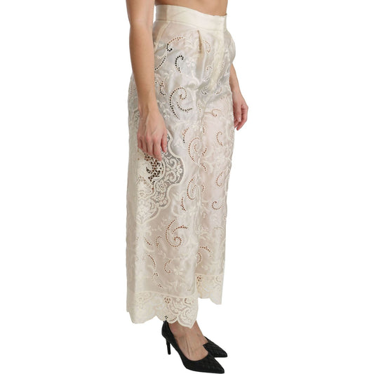 Dolce & Gabbana Cream Lace High Waist Palazzo Cropped Pants PAN70873-44